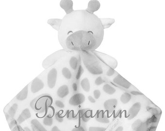 Baby Kuscheltuch Giraffe grau mit Namen bestickt Geschenk Taufe Geburt Schmusetuch Schnuffeltuch comforter