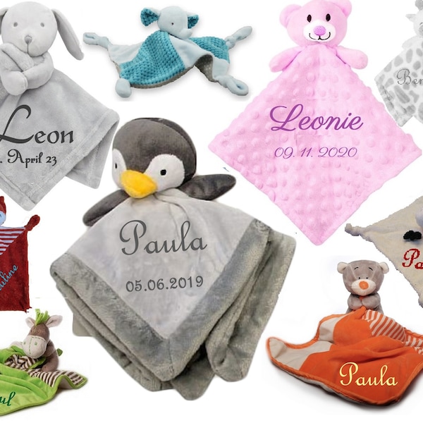 Baby Kuscheltuch AUSWAHL mit Namen bestickt personalisiert Geschenk Taufe Geburt viele Motive Farben Schmusetuch Schnuffeltuch comforter