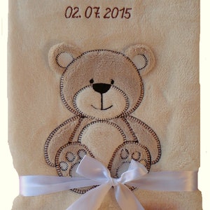 Baby blanket embroidered with name, cuddly baptism birth beige Bär