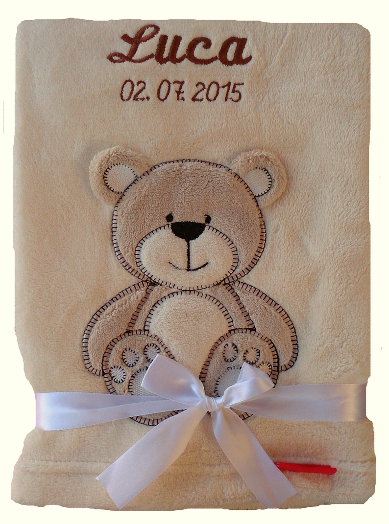 Baby blanket embroidered with name, cuddly baptism birth beige Bär