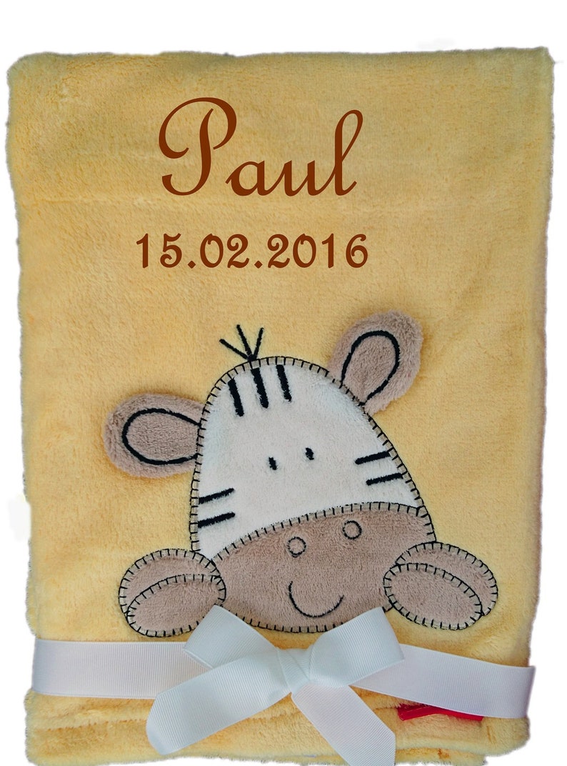 Baby blanket embroidered with name, cuddly baptism birth gelb Zebra