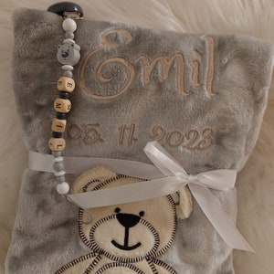 Baby blanket in gray with teddy, with name date of birth embroidered with pacifier chain bear personalized gift baby baptism birth girl boy image 1