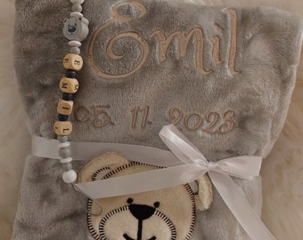 Baby blanket in gray with teddy, with name date of birth embroidered with pacifier chain bear personalized gift baby baptism birth girl boy