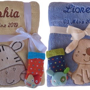 Baby blanket embroidered with name + 3d rattle socks gift baby baptism birth