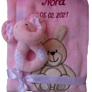Baby blanket embroidered with name addition baby socks baby rattle grasping toy baby christening image 8