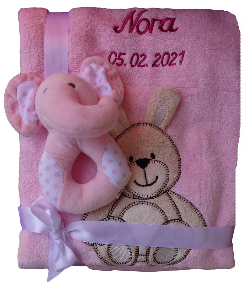 Baby blanket embroidered with name addition baby socks baby rattle grasping toy baby christening image 8
