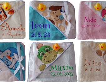 Baby Kapuzentuch mit Namen Bestickt Handtuch Badetuch Kapuzenhandtuch Datum Kinder Poncho Geschenk Geburt Taufe Geburtsdatum Junge Mädchen