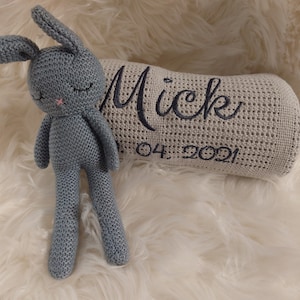 Baby blanket personalized knitted blanket with name embroidered gray soft toy rabbit christening gift gift for birth embroidery boy girl baby