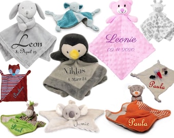 Baby cuddly cloth embroidered with names, gifts for the birth of a girl or boy, cuddle cloth, personalized cuddly toy, baby gift.