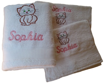Set de serviettes 3 pièces brodées avec nom et motif chat chaton serviette de bain serviette de douche gant de toilette serviette d'invité
