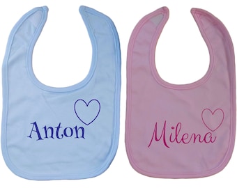 Baby / children's bib with name and heart embroidered gift birth baptism birthday drool bib blue pink drool cloth velcro boy girl