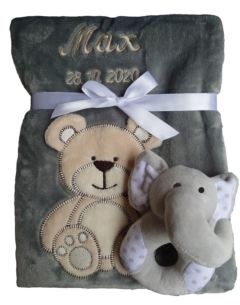 Set of baby blanket embroidered with name toy baby rattle teddy gift christening birth initial equipment baby toy grasping toy baby party grau Bär