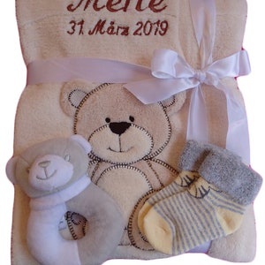 Baby blanket embroidered with name addition baby socks baby rattle grasping toy baby christening image 3