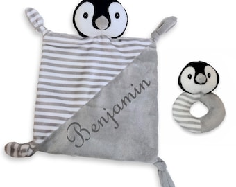 Baby Kuscheltuch Pinguin mit Namen bestickt + Rassel Greifling Geschenk Taufe Geburt Geburtstag Schnuffeltuch Schmusetuch Spielzeug Kind