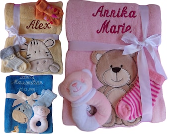 Baby blanket embroidered with name + bonus baby socks baby rattle grasping toy baby baptism
