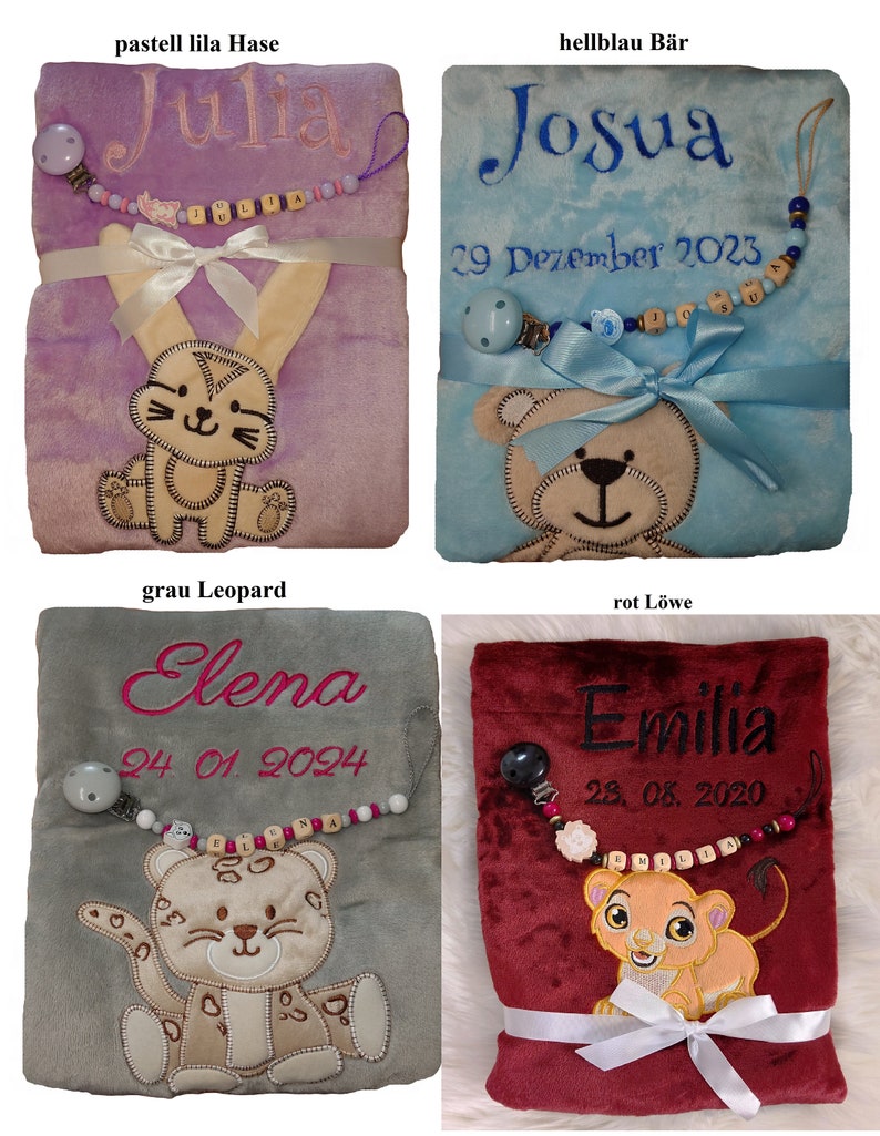 Babydecke mit Namen bestickt Schnullerkette Geschenk Baby Taufe Geburt Nuckelkette personalisiert Datum blanket Geburtsdatum Taufgeschenk Bild 7