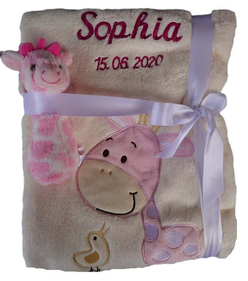 Set of baby blanket embroidered with name toy baby rattle teddy gift christening birth initial equipment baby toy grasping toy baby party beige Giraffe rosa