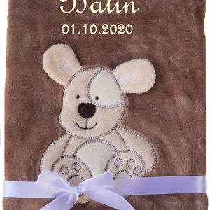 Baby blanket embroidered with name, cuddly baptism birth braun Hund