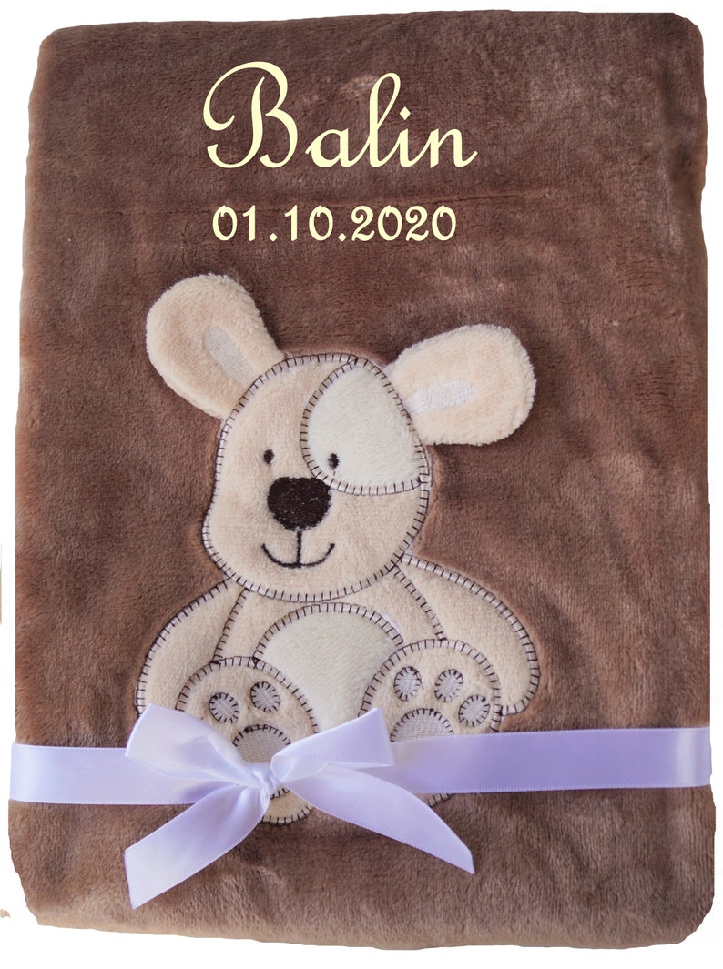 Baby blanket embroidered with name, cuddly baptism birth braun Hund