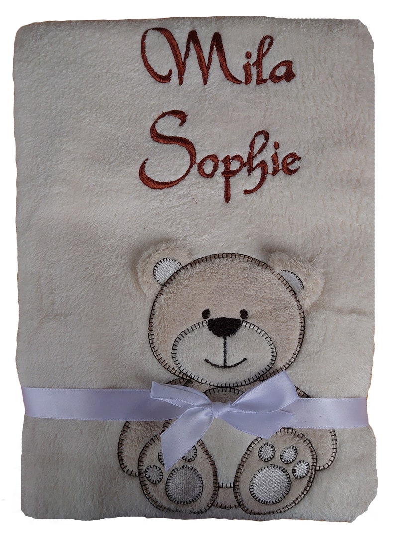 Baby blanket in beige with teddy bear motif embroidered with name / date of birth Gift Baby Bear Baptism Birth Personalization image 2