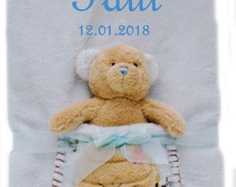 Baby blanket embroidered with name + toy plush bear