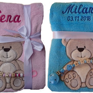 Baby blanket embroidered with name + pacifier chain gift baby baptism birth pink turquoise teddy personalized date blanket children&#39;s blanket blanket
