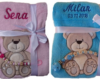 Babydecke mit Namen bestickt + Schnullerkette Geschenk Baby Taufe Geburt rosa türkis Teddy personalisiert Datum blanket Kinderdecke Decke