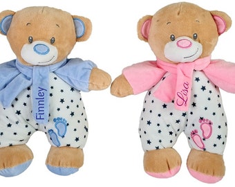 Baby Teddy mit Schal und Namen bestickt 2 farbig rosa blau Geschenk Taufe Geburt Bär personalisiert Junge Mädchen Kuscheltier Kuscheltuch