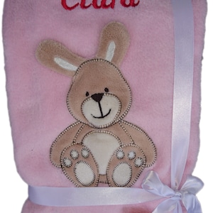 Baby blanket with name Clara embroidered pink bunny