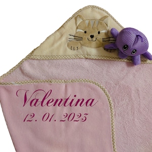 Baby hooded towel pink cat with name embroidered with bath toy octopus baby gift christening gift birth girl girl towel poncho child cloth octopus