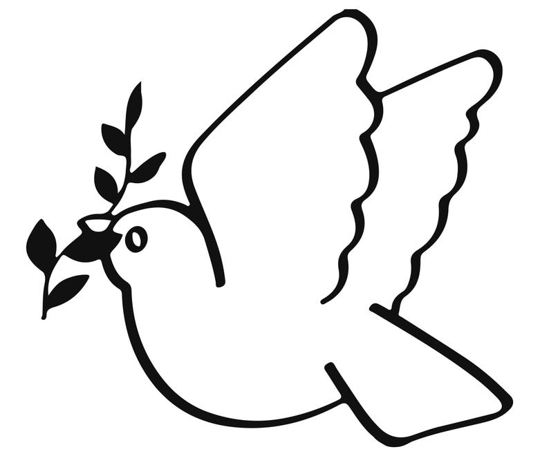 May include: A black and white illustration of a dove in flight, carrying an olive branch in its beak. The dove has outstretched wings and a simple, outlined design, symbolizing peace and tranquility.