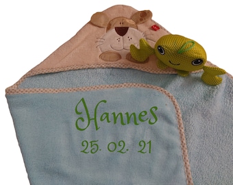 Serviette à capuche bébé chien bleu avec nom brodé avec animal de bain crabe bébé cadeau baptême cadeau naissance fille garçon garçon poncho enfant tissu