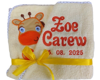 Beige personalized towel for babies, hooded towel giraf embroidered with name, baby gift boy, hooded towel as a gift for girls, baby present