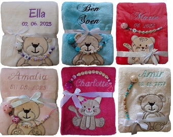 Baby blanket embroidered with name + pacifier chain gift baby baptism birth pacifier chain personalized date blanket date of birth baptism gift