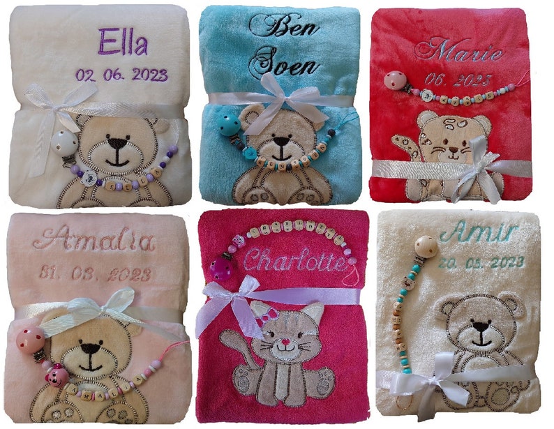 Babydecke mit Namen bestickt Schnullerkette Geschenk Baby Taufe Geburt Nuckelkette personalisiert Datum blanket Geburtsdatum Taufgeschenk Bild 1