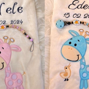 Baby blanket in beige with giraffe, embroidered with name and date of birth with pacifier chain, personalized gift for baby baptism, birth of girl and boy