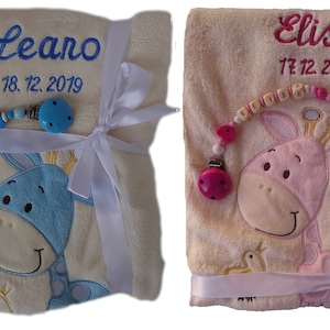 Baby blanket beige giraffe with name embroidered with pacifier chain baby gift birth baptism