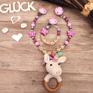 Kinderwagenketting eenhoorn met naam, cadeau voor baby's, doopcadeau, cadeau voor geboorte meisje, speenketting gepersonaliseerd, speenketting