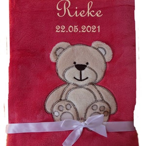 Baby blanket embroidered with name, cuddly baptism birth pastell rot Bär