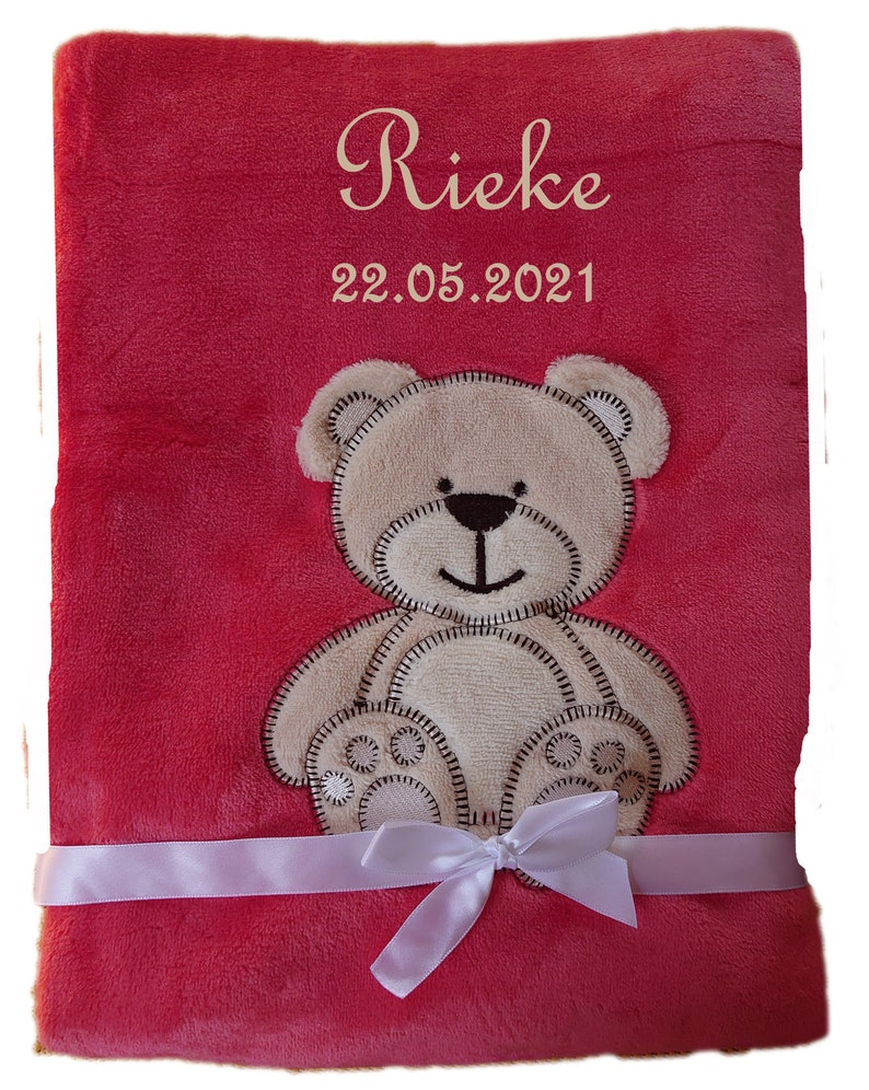 Baby blanket embroidered with name, cuddly baptism birth pastell rot Bär