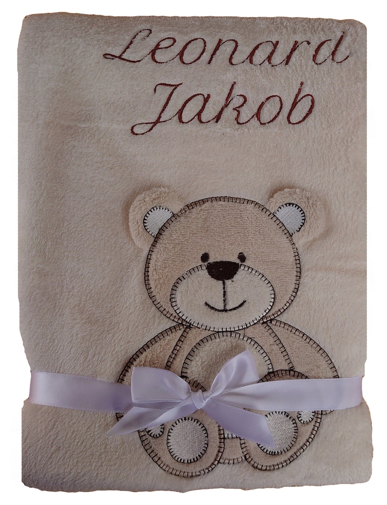 Baby blanket in beige with teddy bear motif embroidered with name / date of birth Gift Baby Bear Baptism Birth Personalization image 1