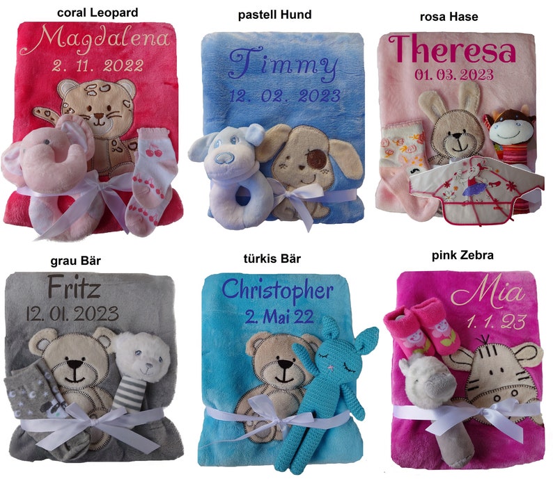 Babydecke mit Namen bestickt Zugabe Rassel Greifling Socken Geschenk Baby Taufe Geburt Mädchen Junge personalisiert Babygeschenk blanket Bild 3