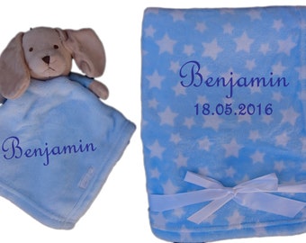 Set coperta per bambini blu con nome asciugamano cuddly ricamato