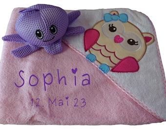 Baby Kapuzentuch rosa Eule mit Namen bestickt mit Badetier Oktopus Babygeschenk Taufgeschenk Geburt girl Mädchen lila Handtuch Kind Krake