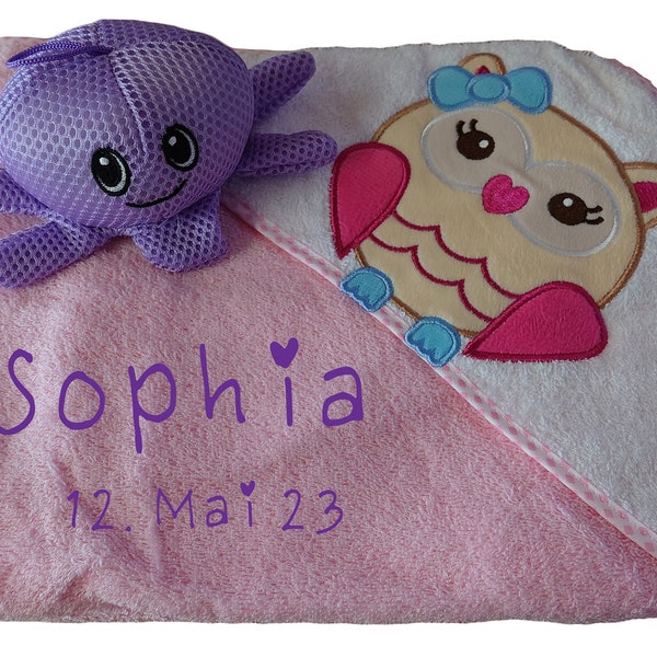 Baby Kapuzentuch rosa Eule mit Namen bestickt mit Badetier Oktopus Babygeschenk Taufgeschenk Geburt girl Mädchen lila Handtuch Kind Krake