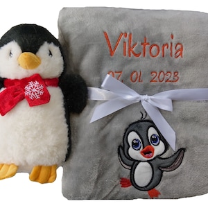 Set of baby blanket embroidered with name toy baby rattle teddy gift christening birth initial equipment baby toy grasping toy baby party Pinguin