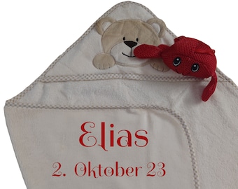 Serviette à capuche bébé Teddy beige avec nom brodé avec animal de bain homard bébé cadeau baptême cadeau naissance fille fille garçon garçon poncho enfant tissu