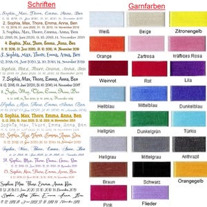 May include: A color chart with various thread colors and font styles. The chart includes a range of colors, from white and beige to pink and purple, with corresponding font samples for text customization.