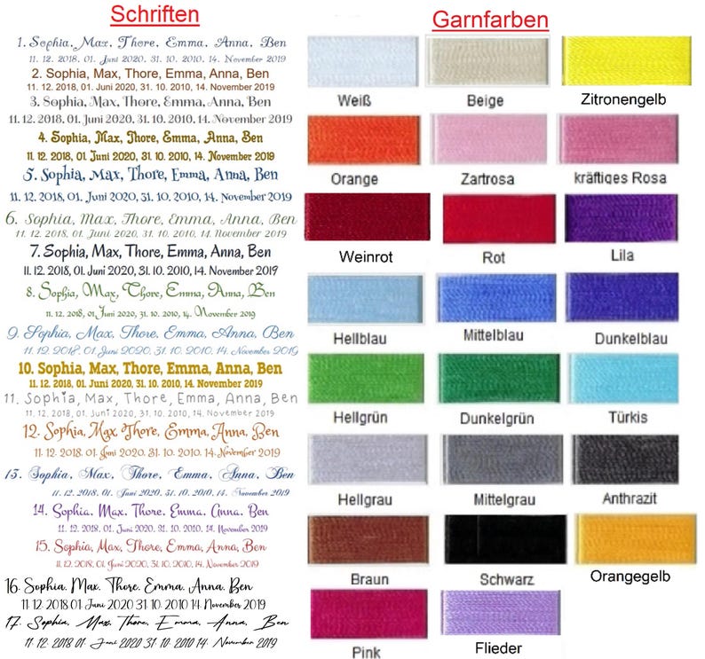 May include: A color chart with various thread colors and font styles. The chart includes a range of colors, from white and beige to pink and purple, with corresponding font samples for text customization.