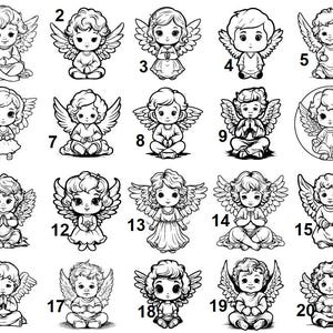 May include: A collection of 20 black and white angel illustrations. Each angel has wings and is depicted in various poses, including sitting, praying, and holding objects. The illustrations are numbered from 1 to 20.